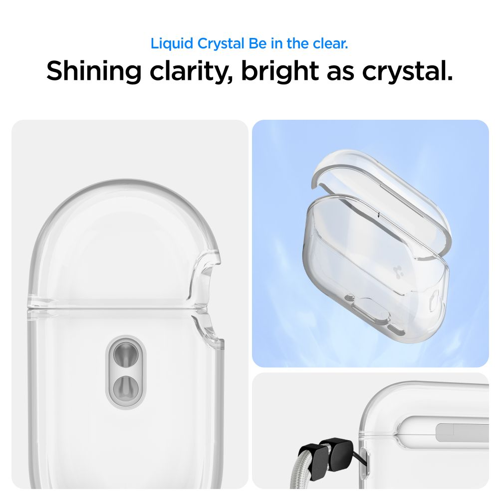 Custodia protettiva trasparente per AirPods mostrata da varie angolazioni.