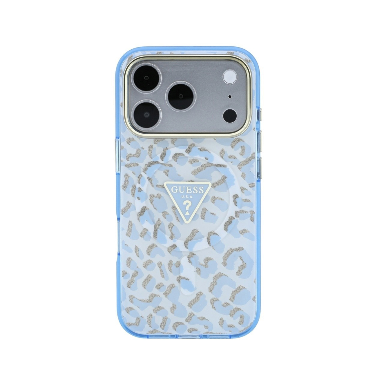 Funda de teléfono azul con estampado de leopardo plateado y logo de Guess dorado.