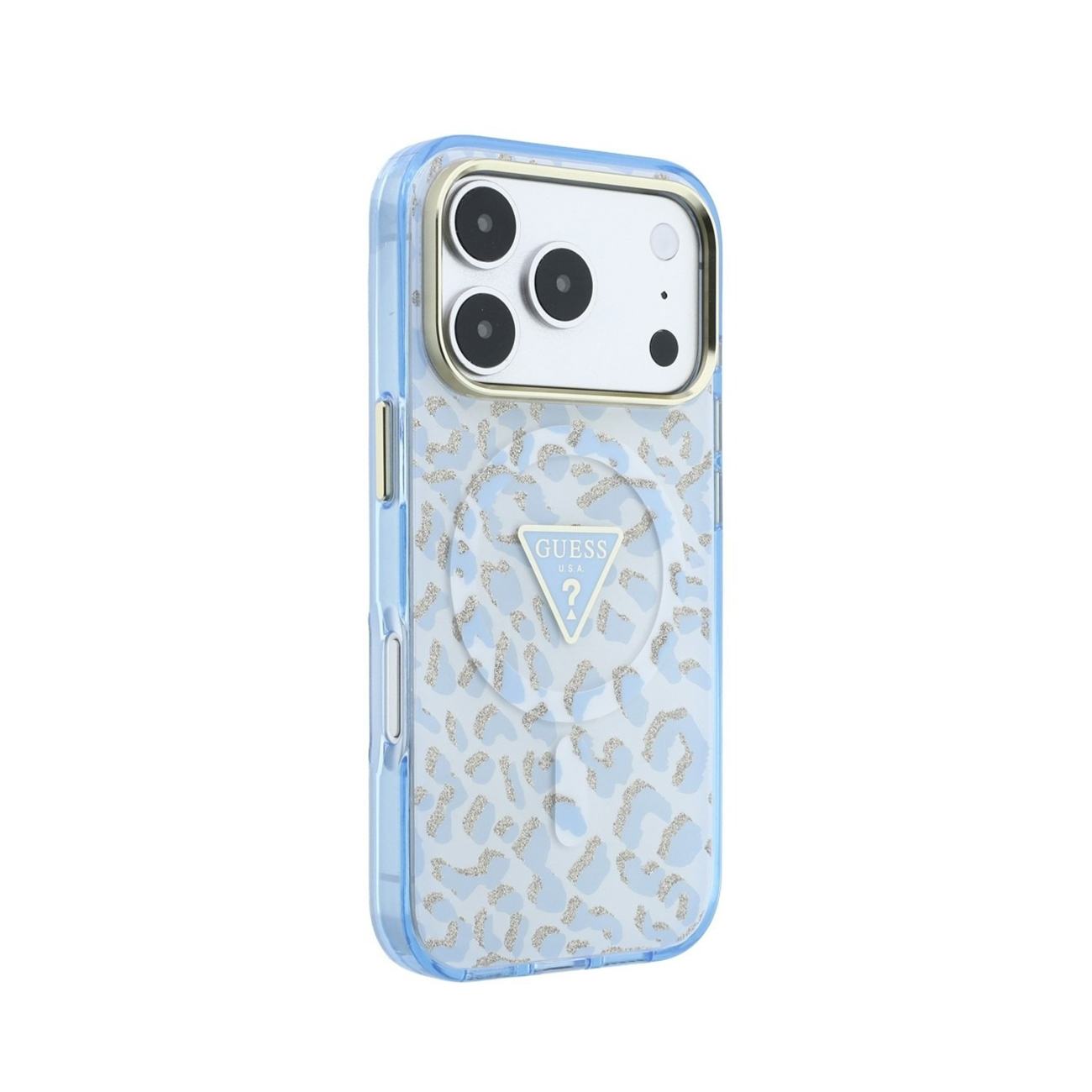 Una funda de móvil Guess azul claro y dorada con estampado animal, anillo MagSafe y logotipo triangular sobre fondo blanco.