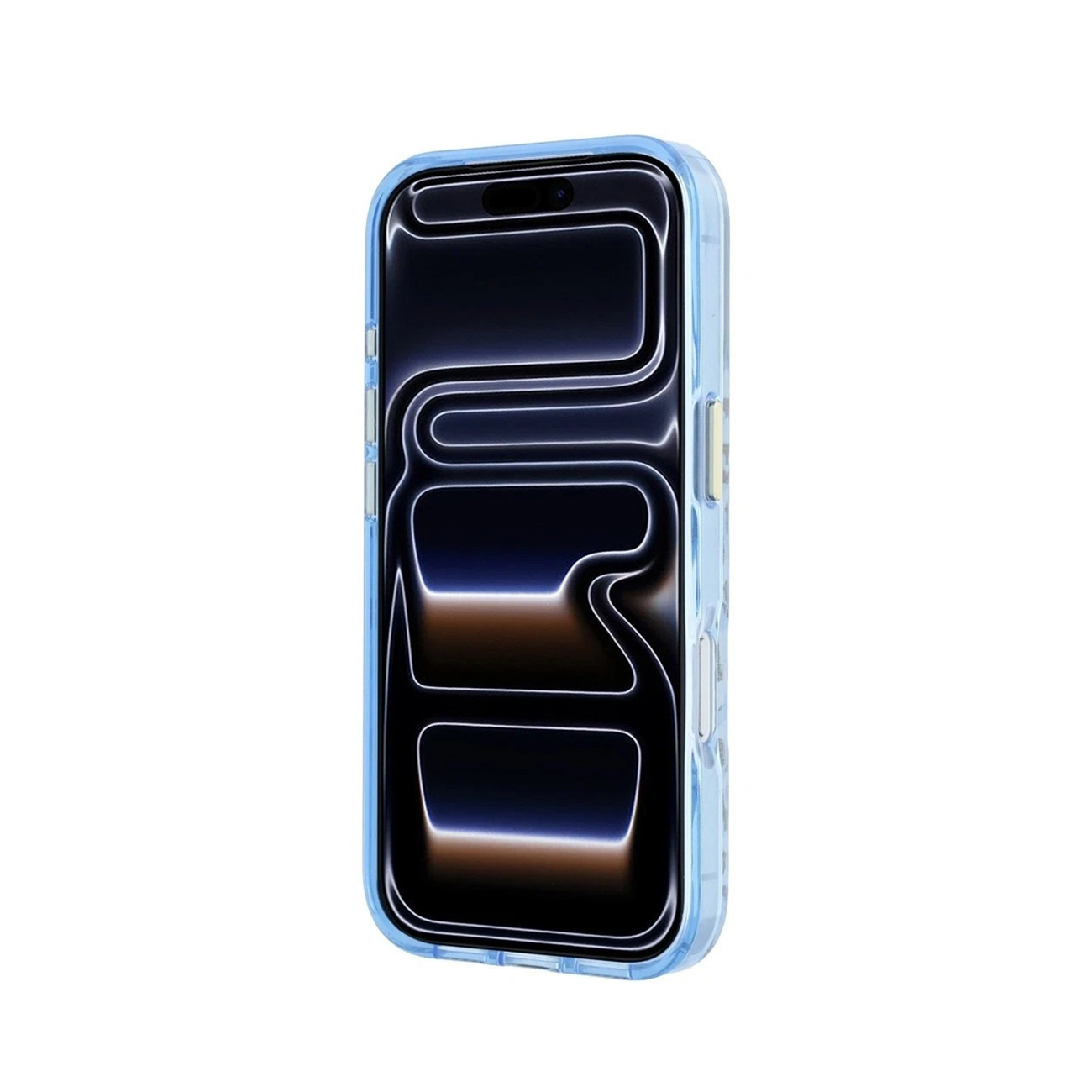 Un smartphone en una funda azul claro con un fondo de pantalla abstracto oscuro y líneas luminosas.