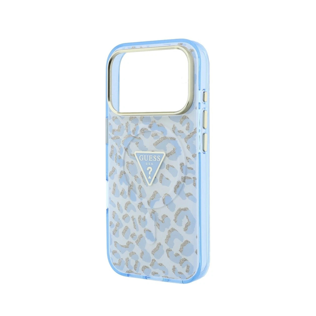 Funda de teléfono protectora azul con estampado de leopardo, purpurina plateada y el logotipo de Guess en el centro.
