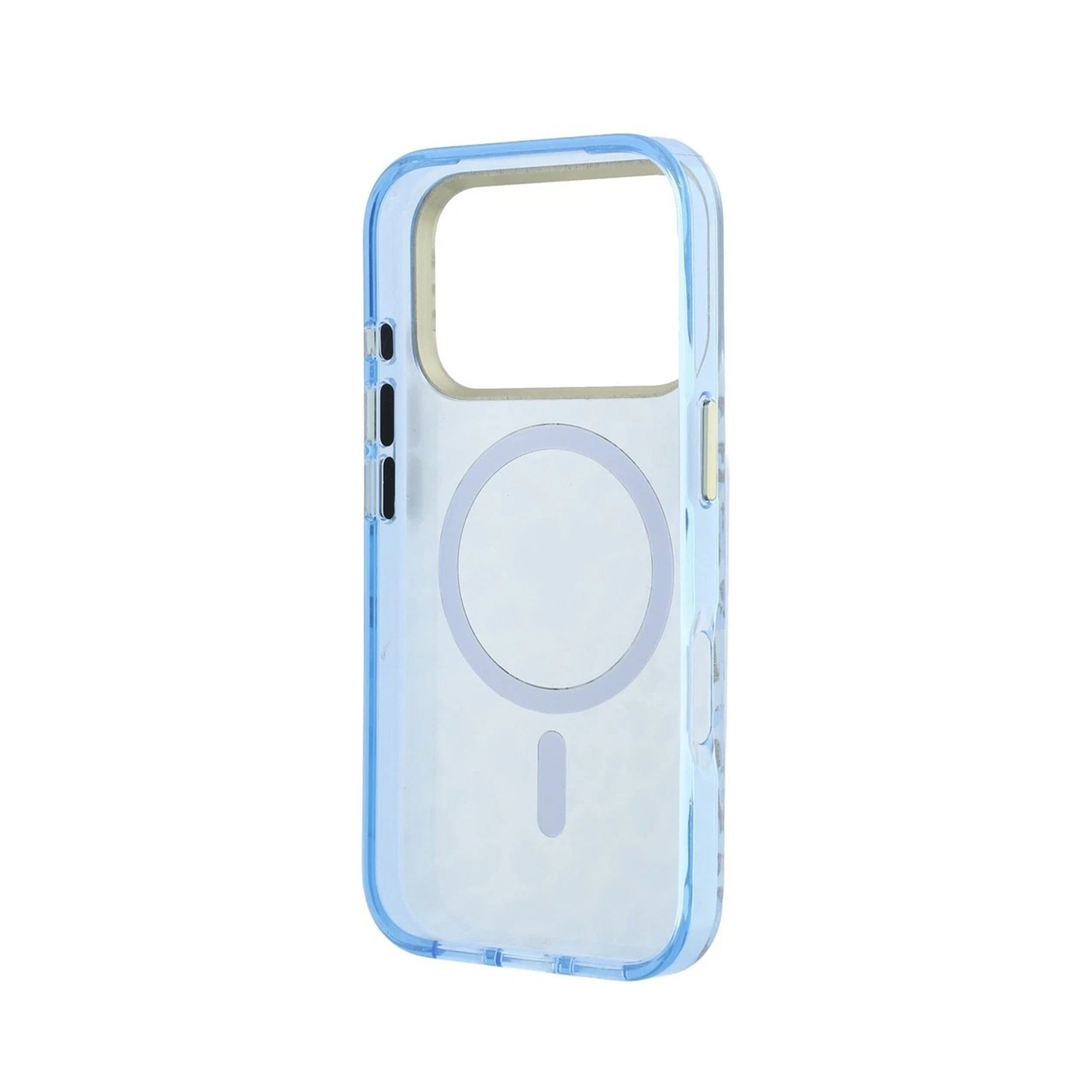 Una funda de teléfono translúcida azul claro con un anillo MagSafe en la parte posterior sobre fondo blanco.