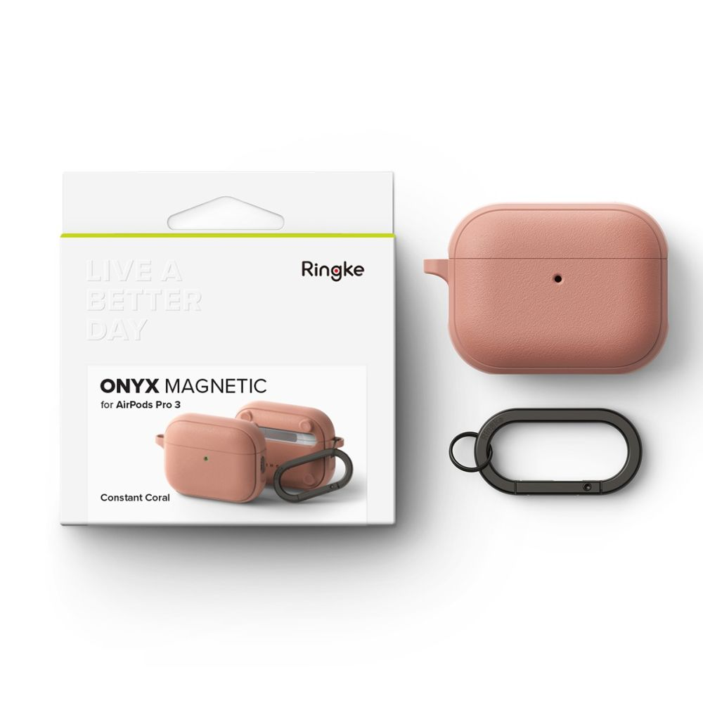 Custodia per auricolari in silicone rosa di Ringke con confezione e moschettone nero.