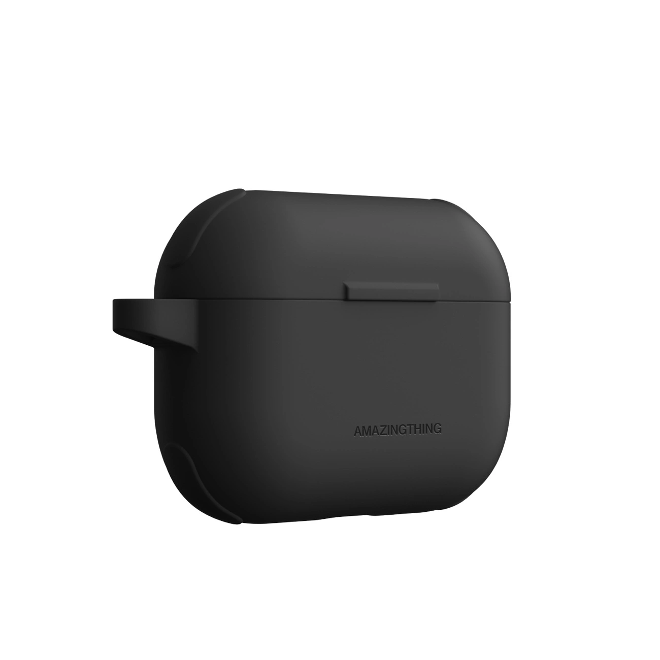 Custodia in silicone nero per AirPods Pro con passante laterale e il marchio AMAZINGTHING.