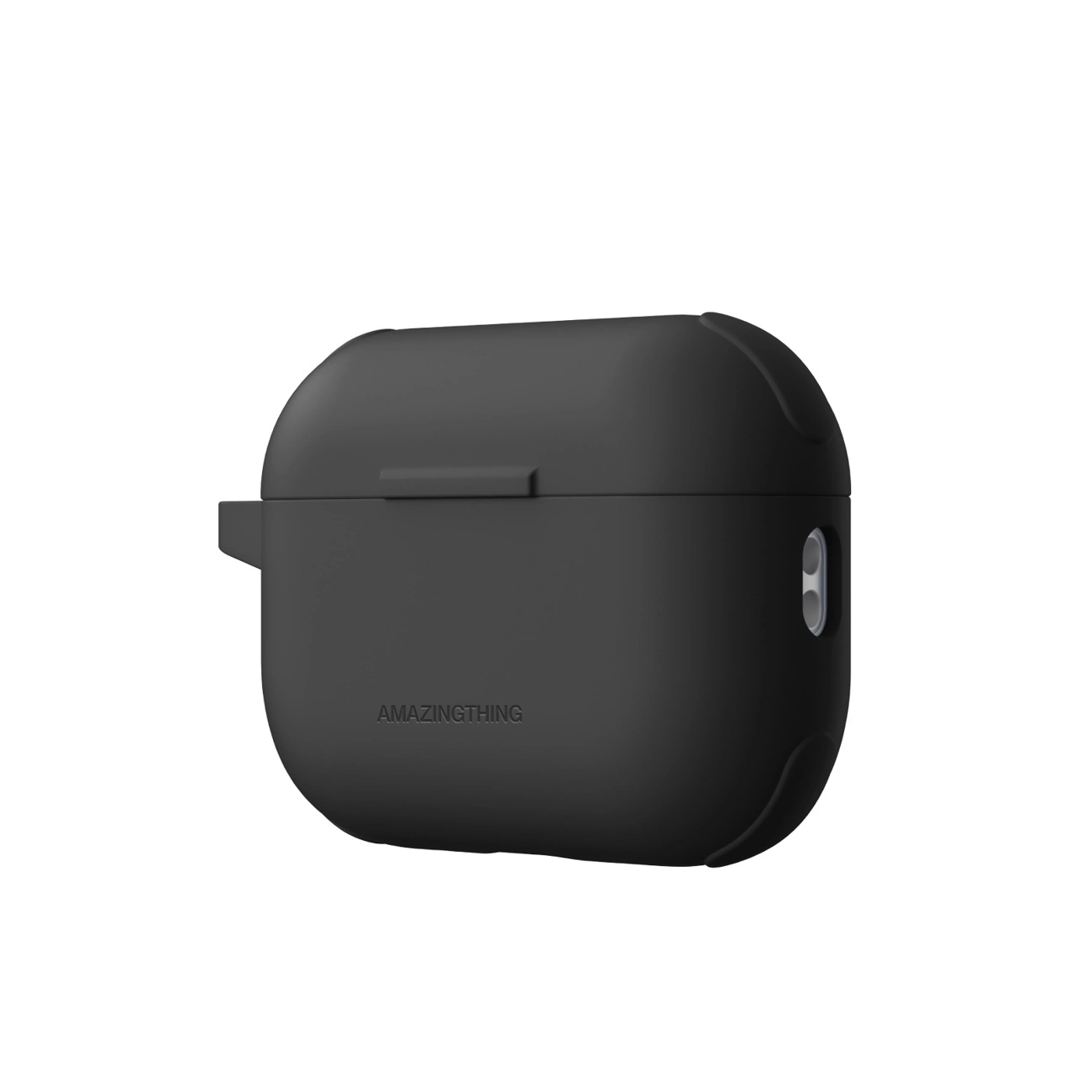 Custodia protettiva nera opaca per auricolari wireless con la scritta AMAZINGTHING sul davanti, su sfondo bianco.