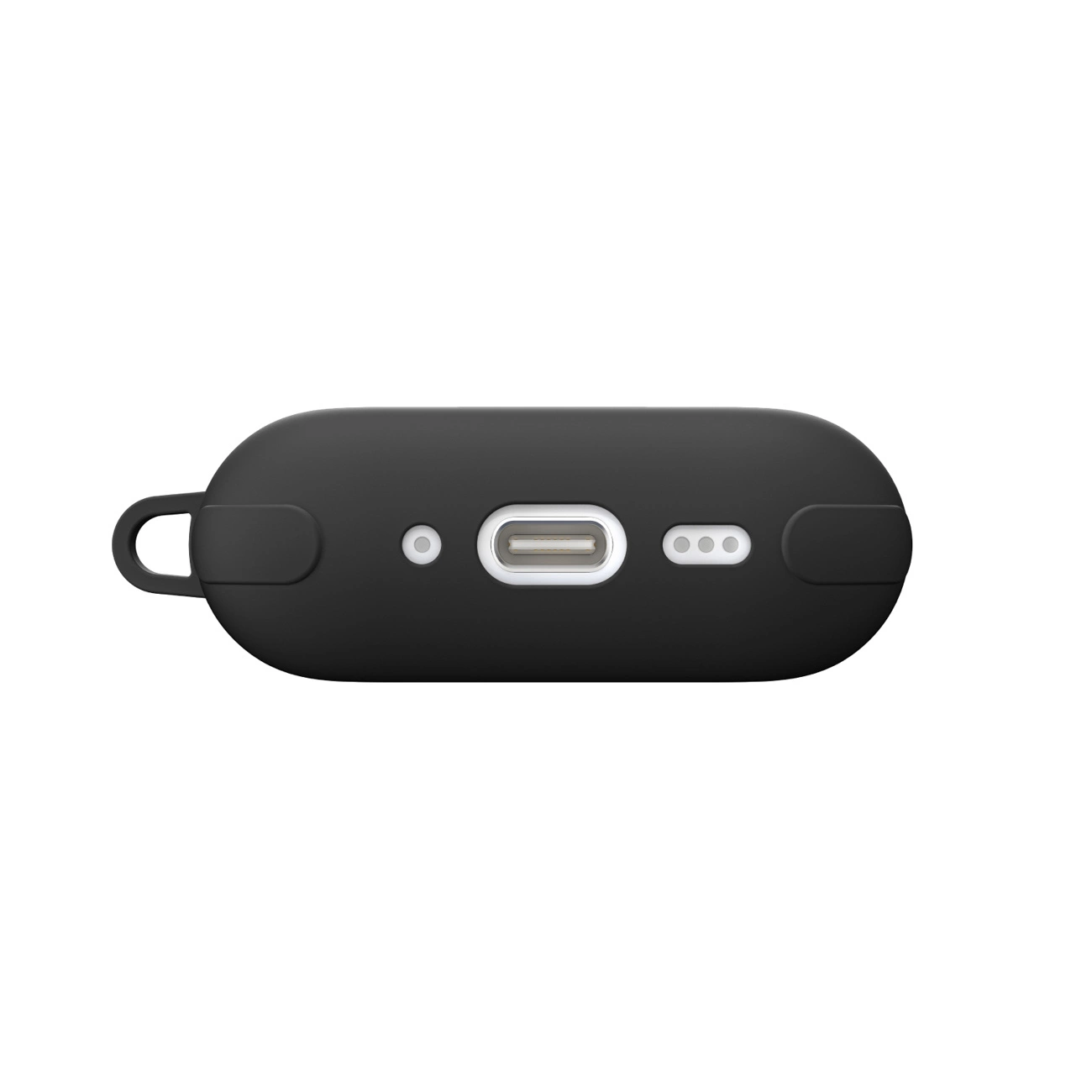 Vista inferiore di una custodia protettiva nera per auricolari wireless, con porta di ricarica USB-C.