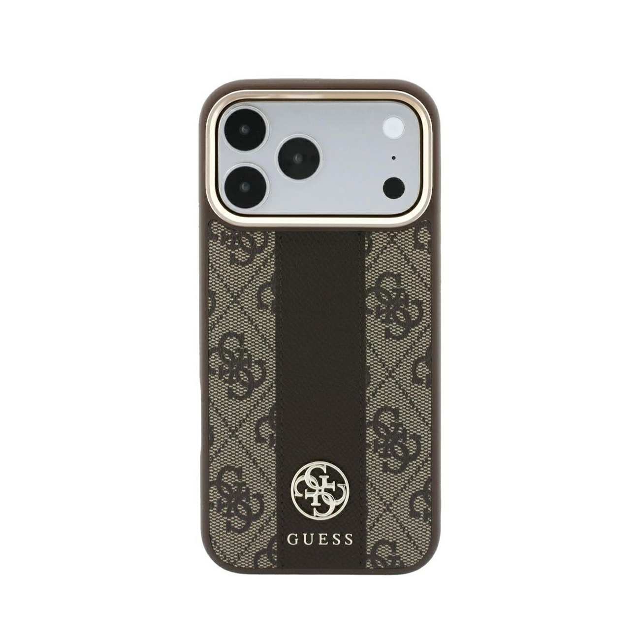 Funda de móvil Guess marrón con patrón de monograma, franja vertical y logo dorado sobre fondo blanco.