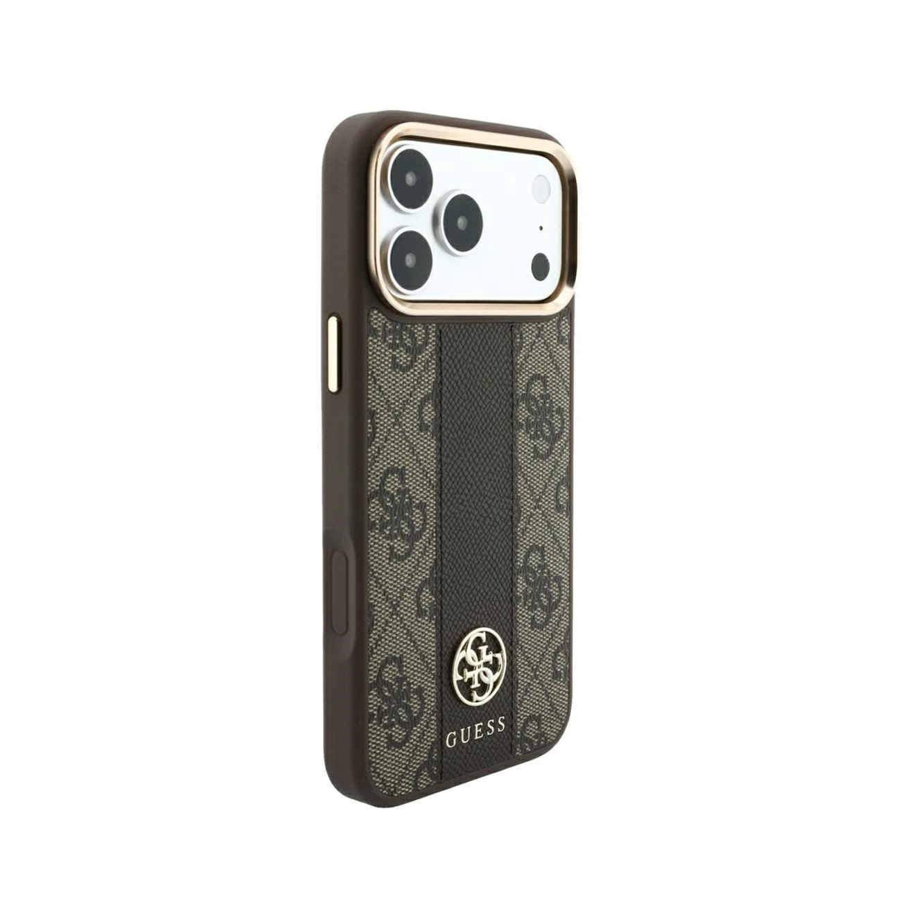 Una funda de móvil Guess marrón con patrón de monograma, franja vertical oscura y logotipo dorado.