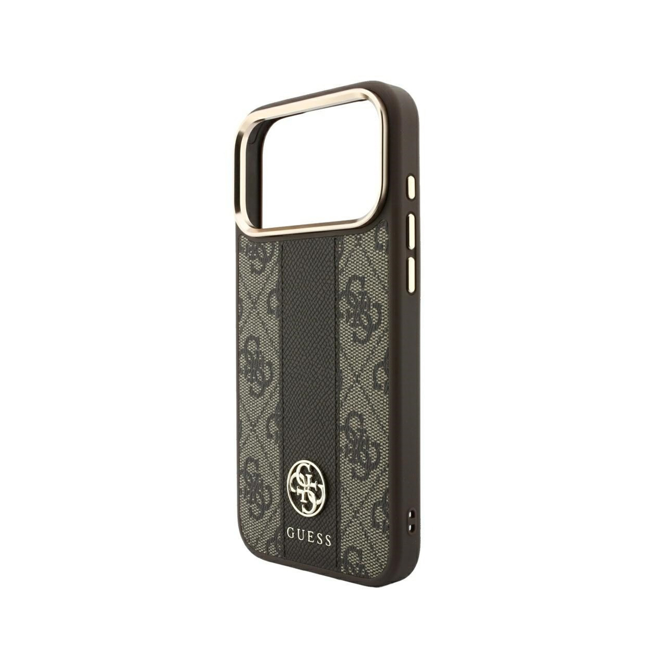 Funda de móvil Guess marrón con detalles dorados, patrón de monograma y franja negra central.