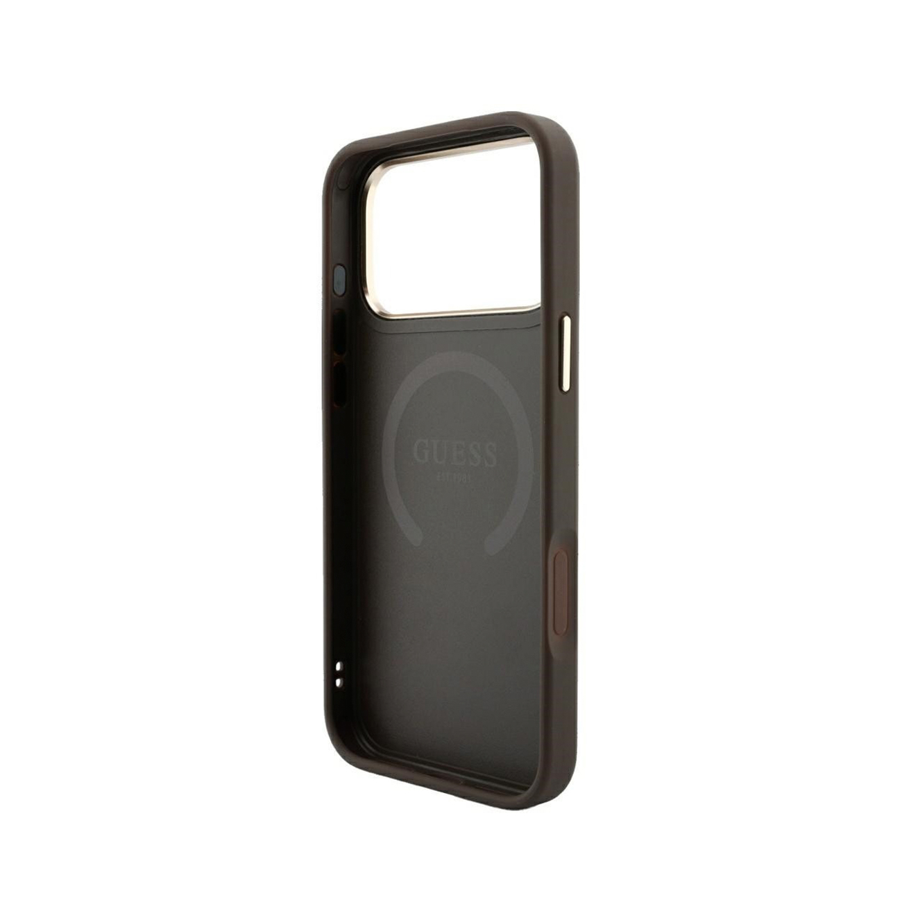 Una funda para móvil marrón de Guess con anillo magnético interior y recorte para cámara sobre fondo blanco.