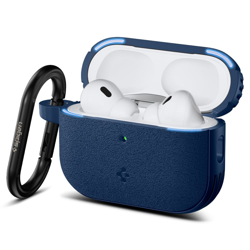 Custodia protettiva blu aperta con auricolari wireless bianchi all'interno e un moschettone nero a lato.