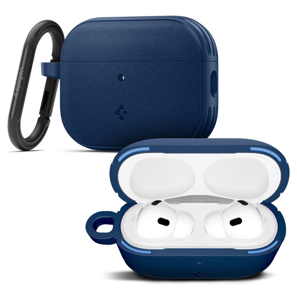 Custodia per AirPods blu scuro con moschettone, mostrata chiusa e aperta con auricolari.