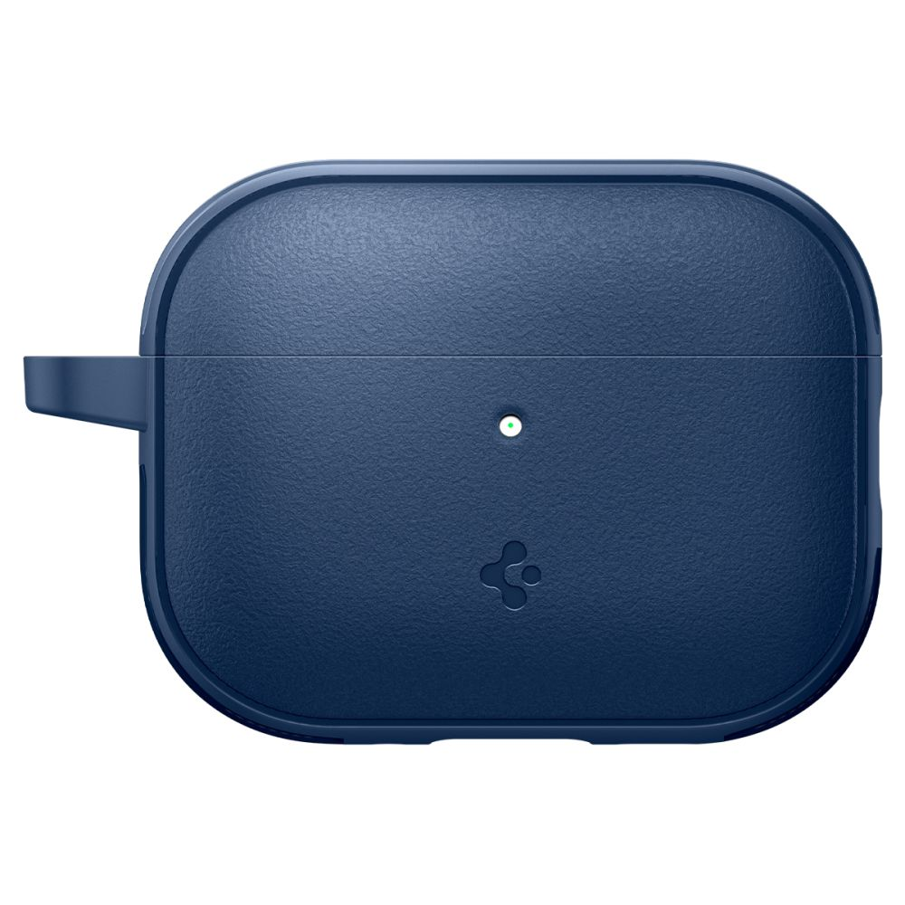 Custodia per AirPods blu scuro testurizzata con una piccola luce LED e il logo Spigen.