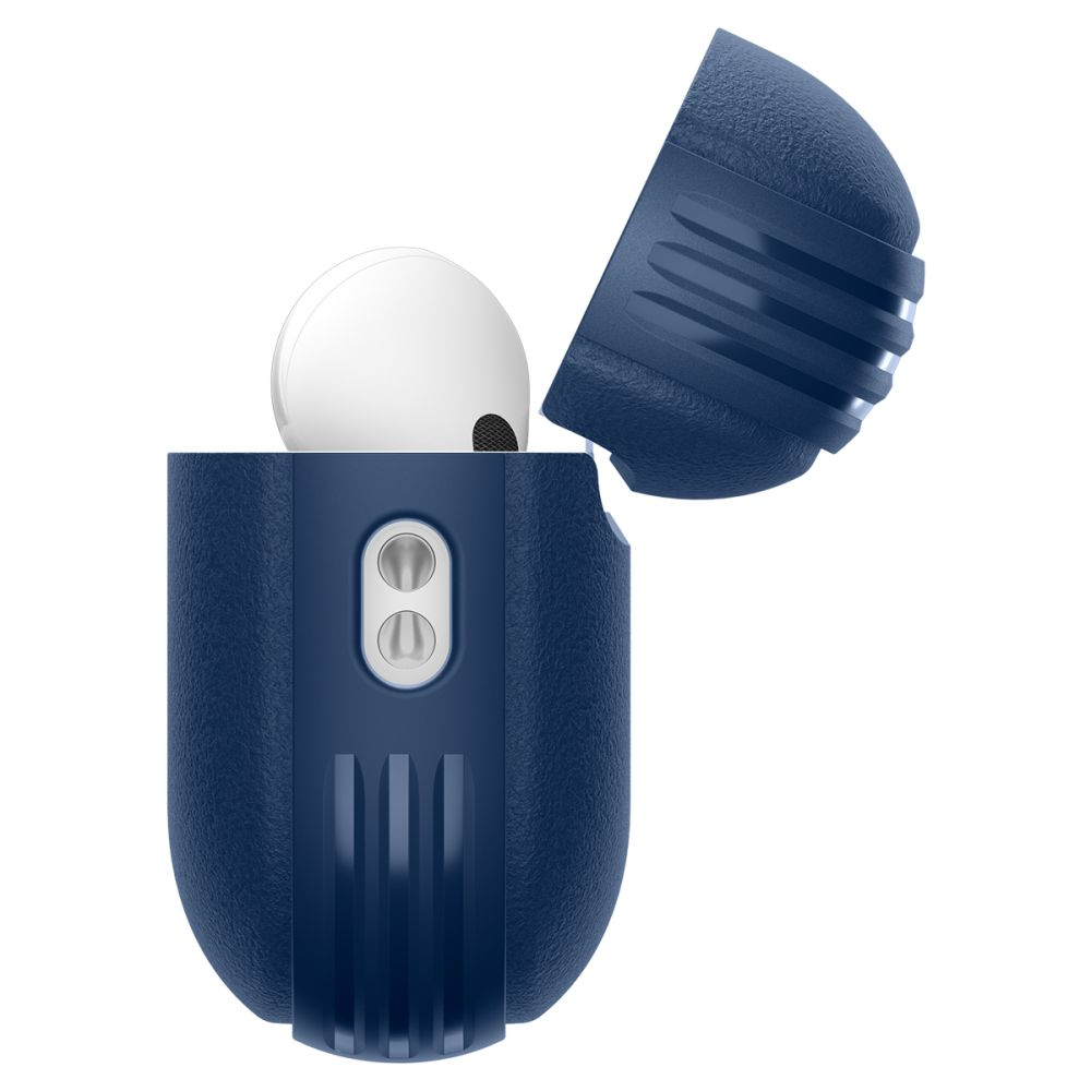 Una custodia blu scuro aperta contiene un auricolare bianco su sfondo bianco.