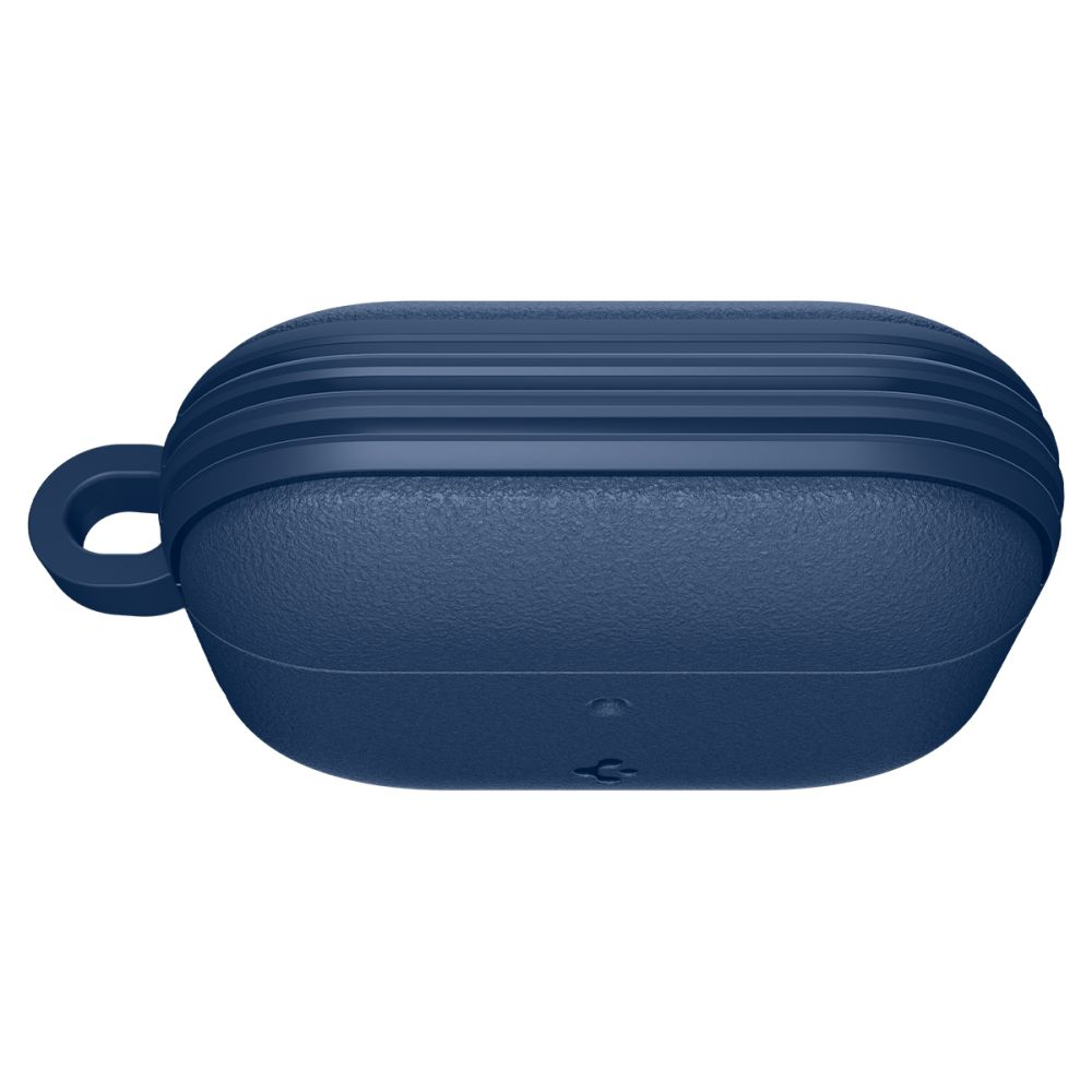 Custodia per auricolari in silicone blu scuro con porta di carica e passante su sfondo bianco.