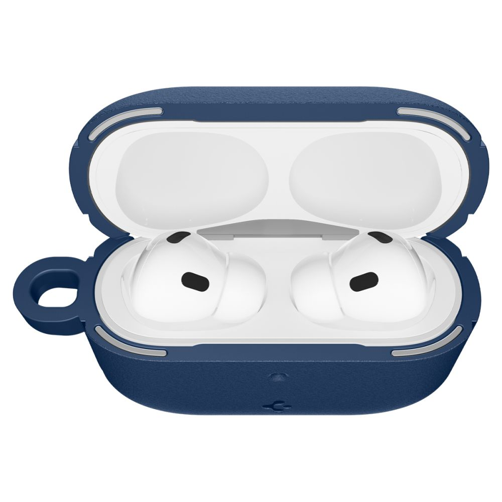 Custodia blu per auricolari wireless, aperta con auricolari bianchi all'interno.