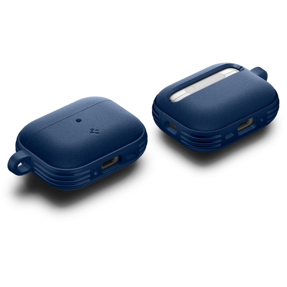 Due custodie protettive blu scuro per AirPods su sfondo bianco.