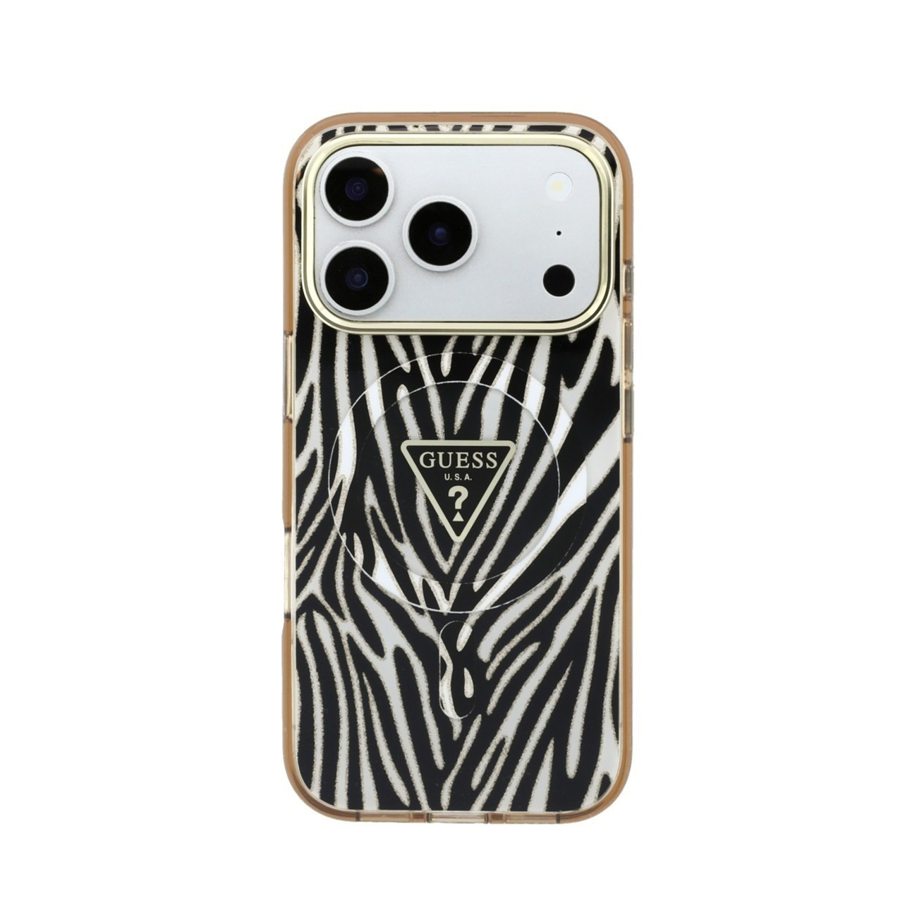 Funda de móvil con patrón de cebra, borde dorado y logo de Guess.