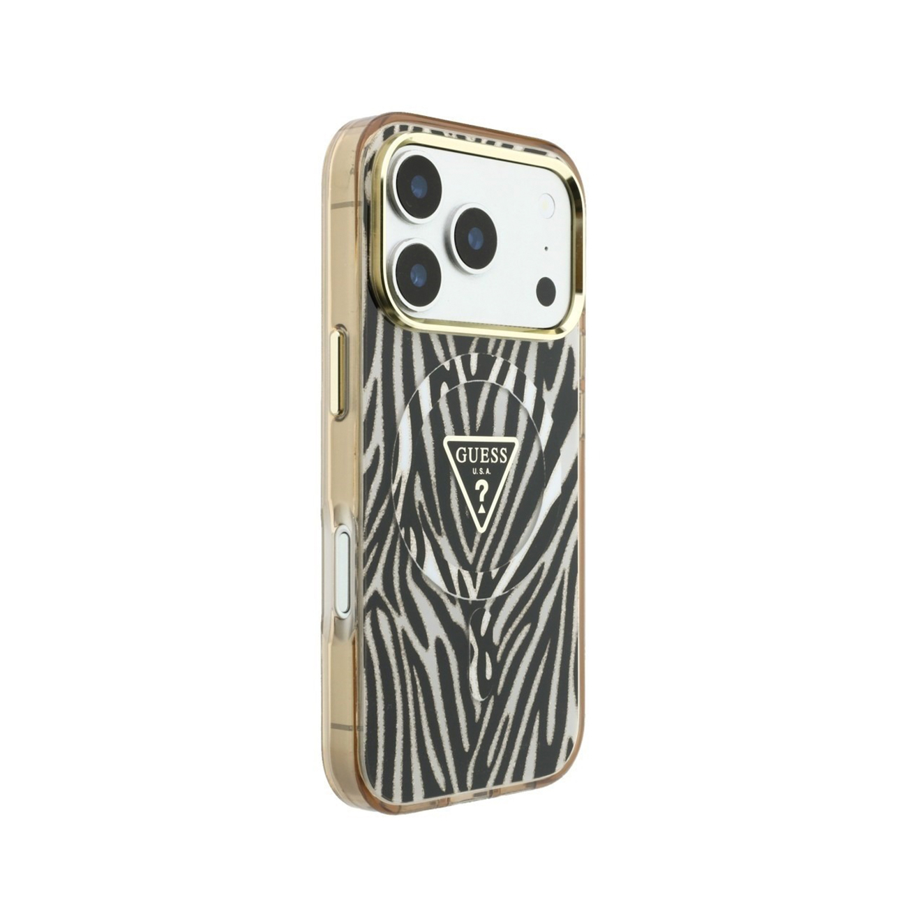 Smartphone con funda de estampado de cebra, marco de cámara dorado y logotipo de Guess.