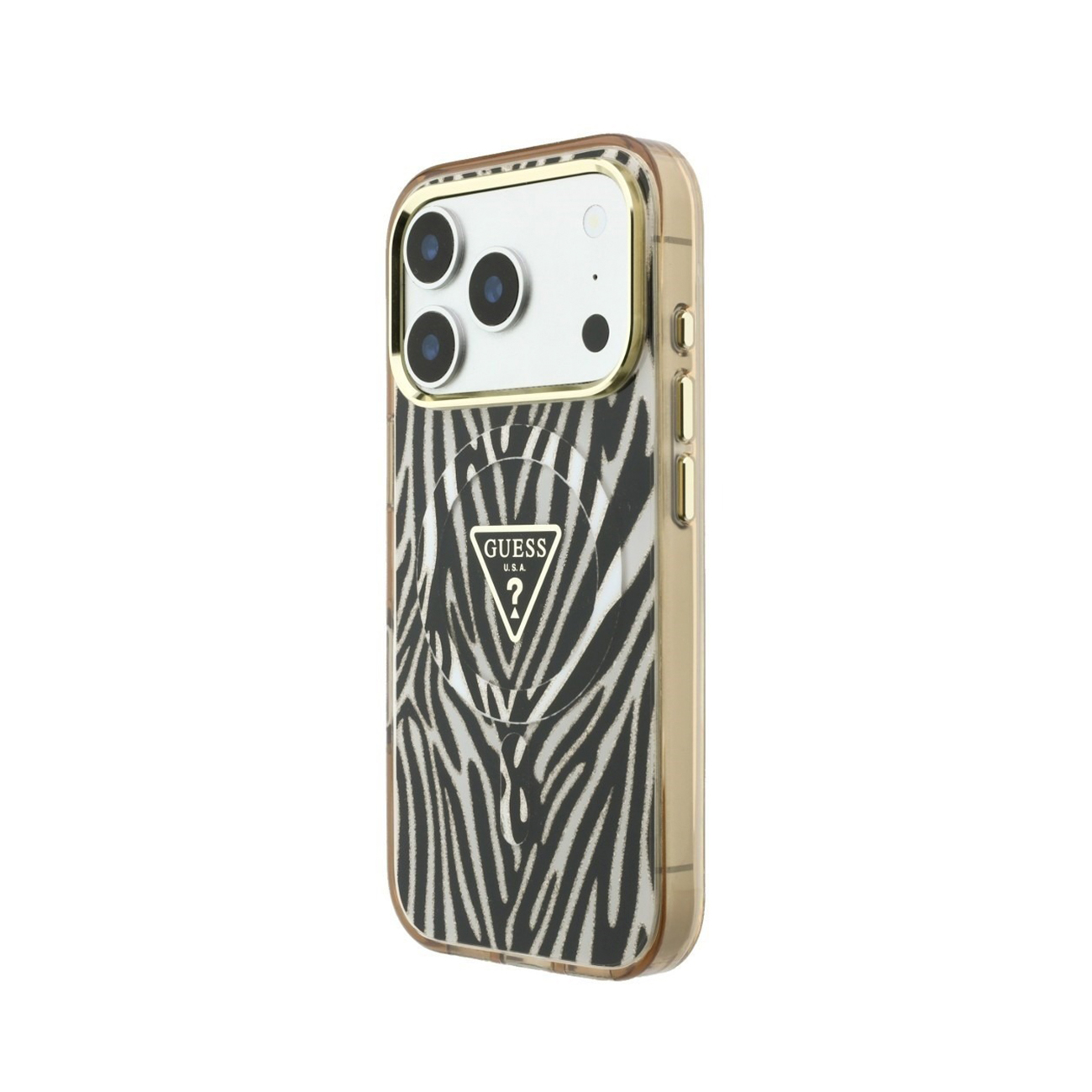 Funda para teléfono con patrón de cebra en blanco y negro y logotipo de Guess dorado sobre fondo blanco.