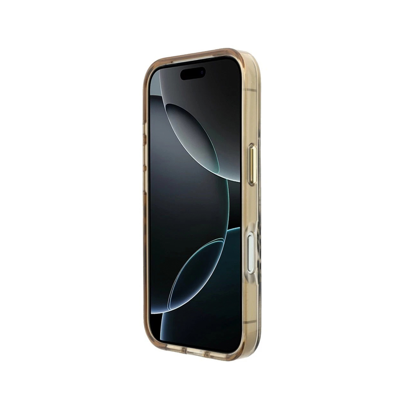 Un smartphone en una funda protectora beige-marrón sobre fondo blanco.