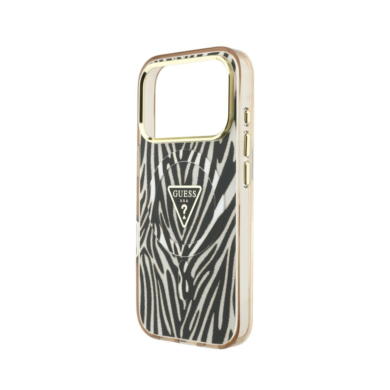 Una funda para móvil Guess con estampado de cebra y logotipo dorado sobre fondo blanco.