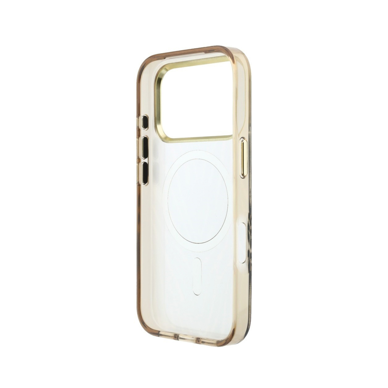 Funda transparente para smartphone con marco marrón y círculo MagSafe en la parte posterior.
