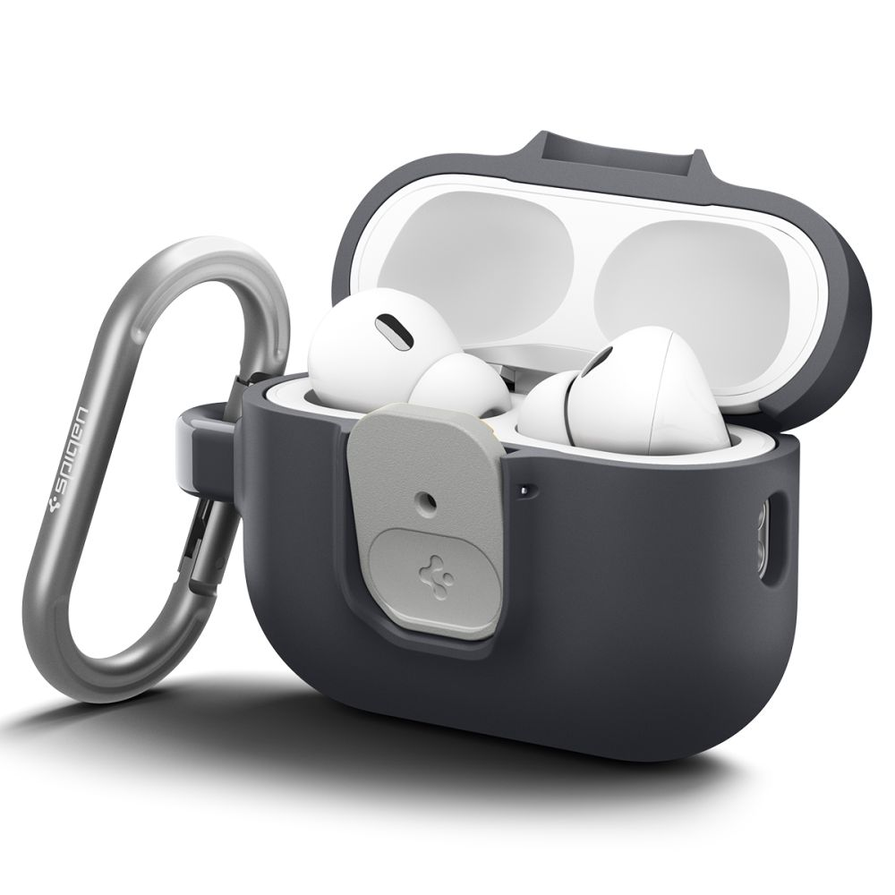 Custodia AirPods Pro grigio scuro aperta con auricolari bianchi, chiusura grigio chiaro e moschettone.