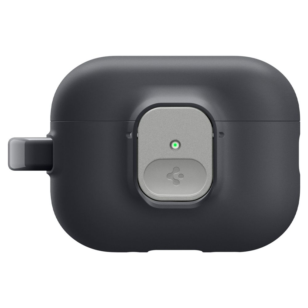 Custodia per AirPods Pro grigio scuro con chiusura argentata e luce LED verde sul davanti su sfondo bianco.