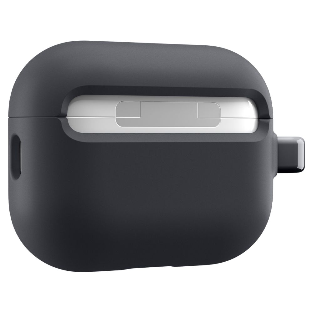 Custodia di ricarica per auricolari bianca in silicone grigio scuro opaco su sfondo bianco.