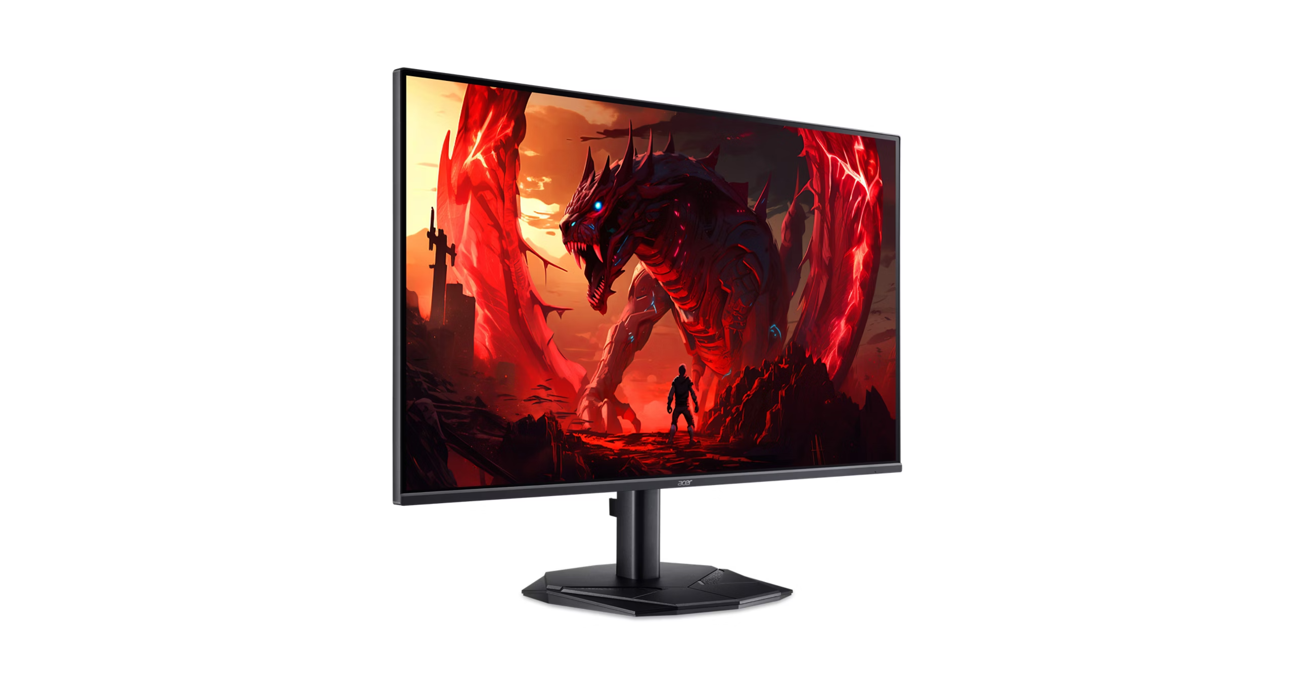 Un monitor per computer nero mostra una scena fantastica con un drago rosso e una piccola figura umana.