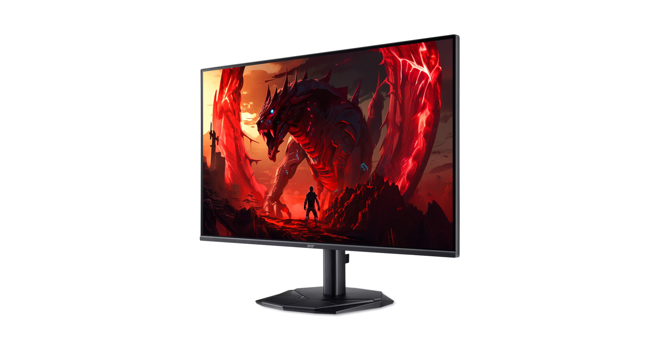 Un monitor da gioco Acer nero mostra l'immagine di un drago rosso e una figura umana.