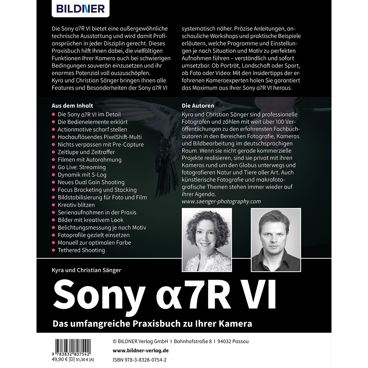 Rückseite eines Kamerabuchs für die Sony aR7 VI mit Text, Inhaltsangabe und Porträts der Autoren.