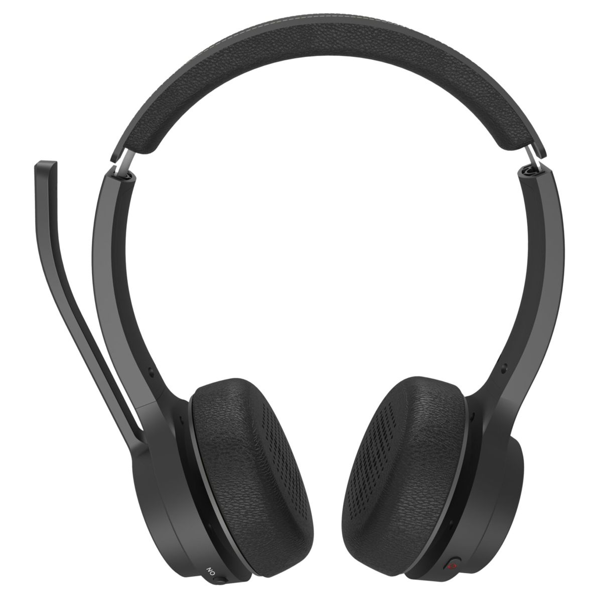 Un par de auriculares inalámbricos negros supraurales con micrófono en el lado izquierdo, sobre fondo blanco.