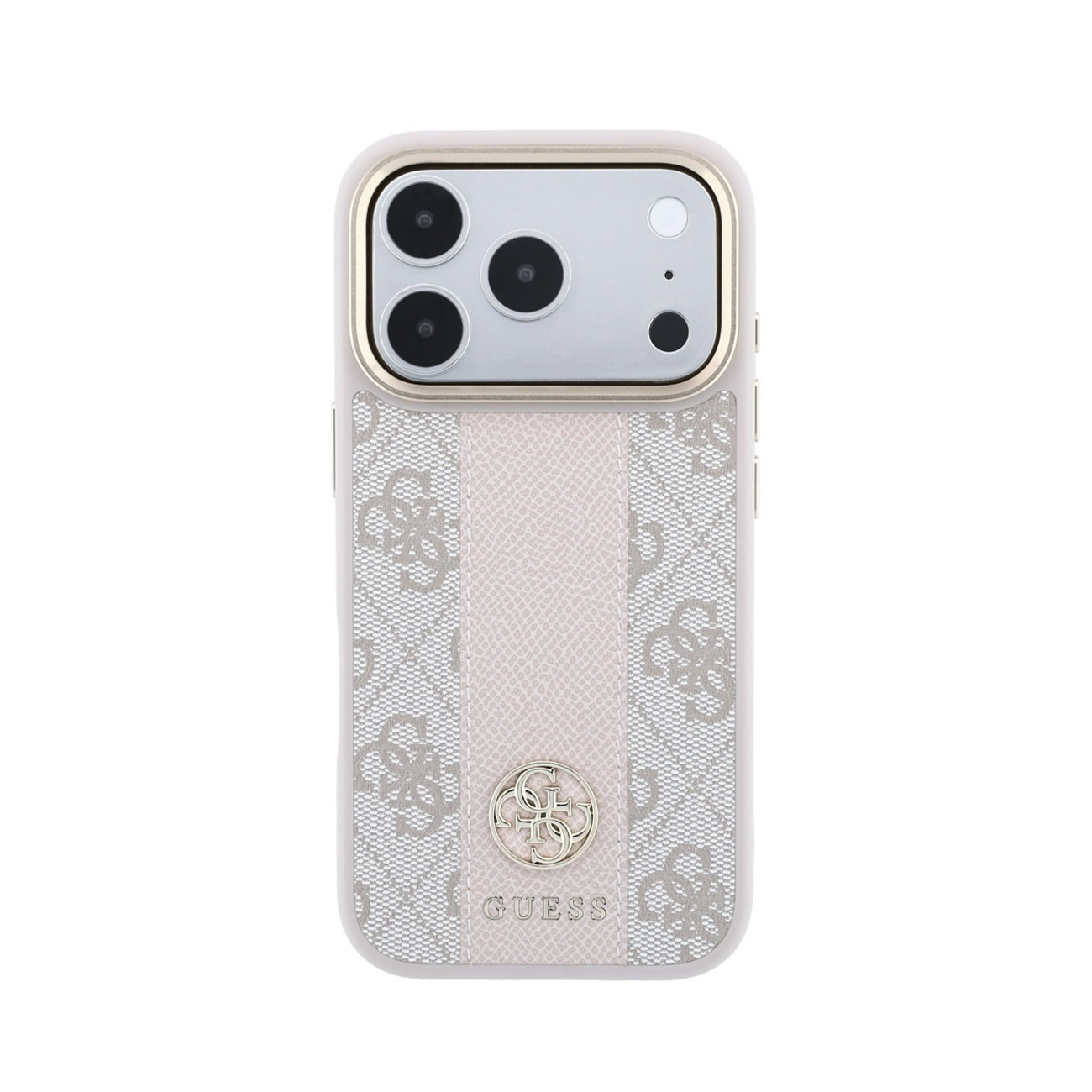 Funda de móvil rosa con logo de GUESS, tela estampada y borde de cámara dorado.