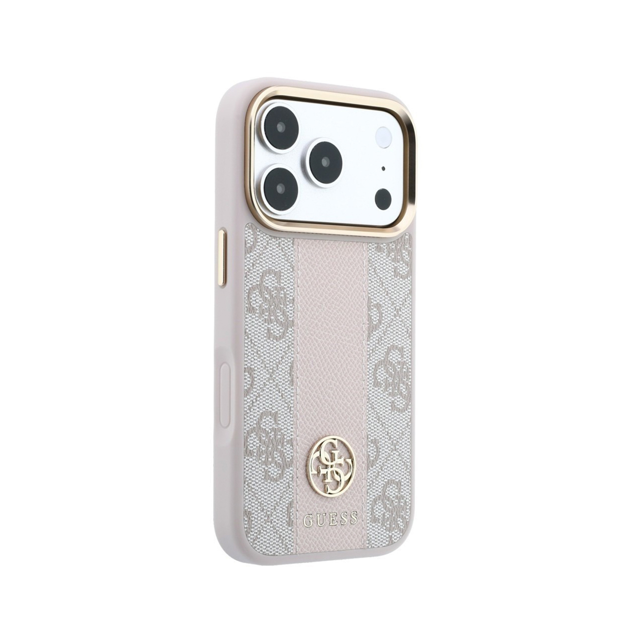 Funda de teléfono rosa con patrón beige, marco dorado, recorte de cámara y logotipo de Guess sobre fondo blanco.