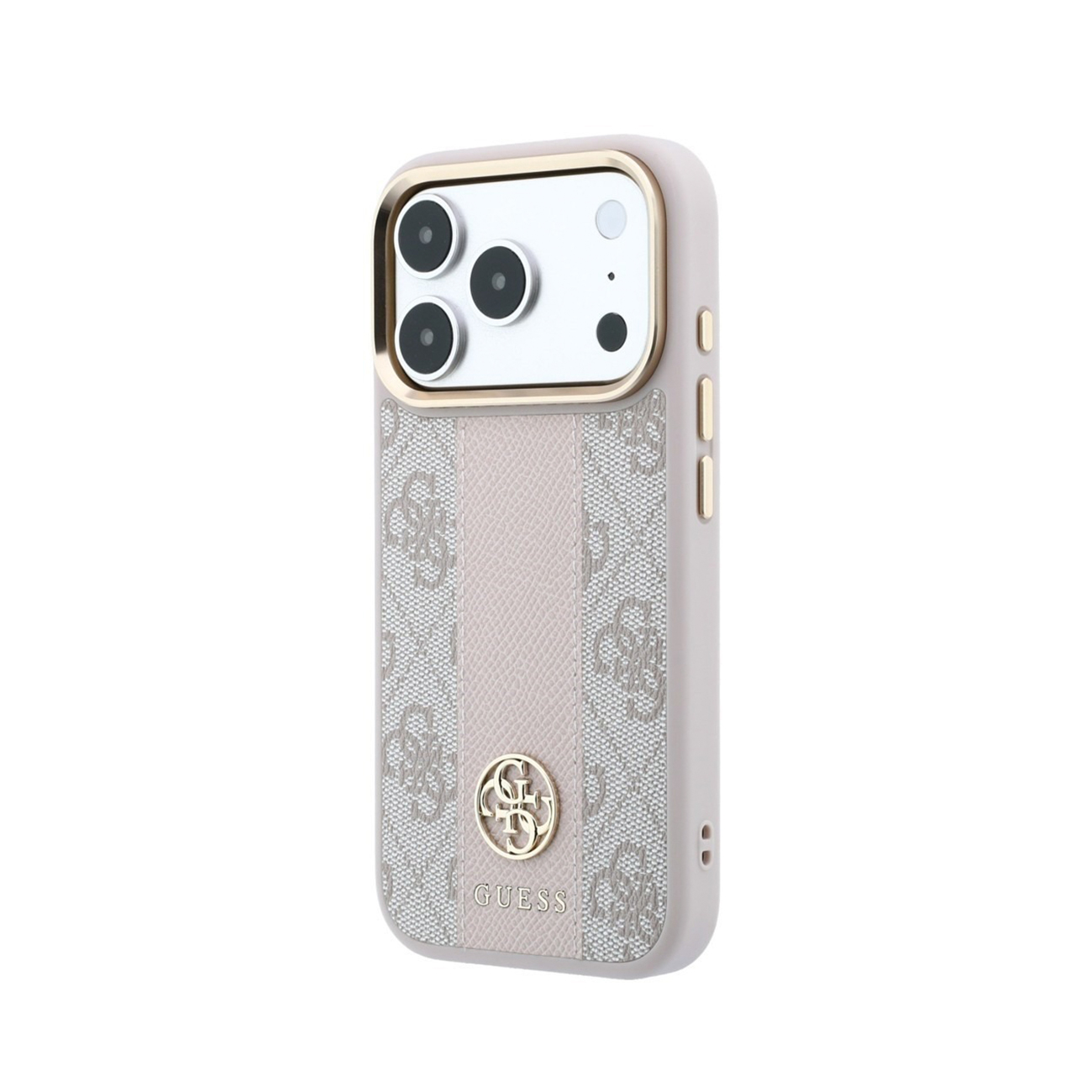 Funda de teléfono beige con patrón de monograma, franja vertical, logotipo dorado y marco de cámara.
