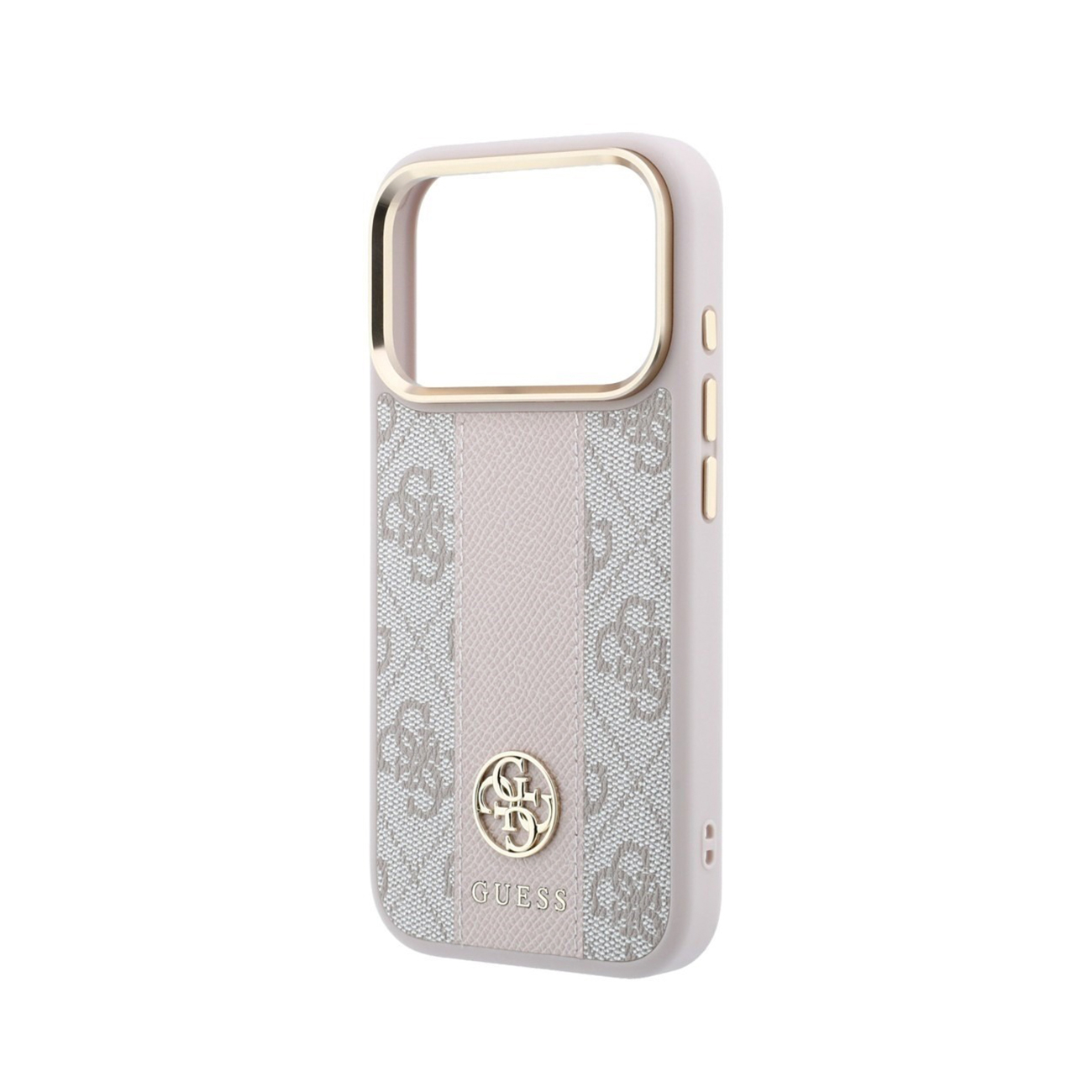 Funda de teléfono rosa con logo dorado, franja de tela estampada y botones dorados sobre fondo blanco.