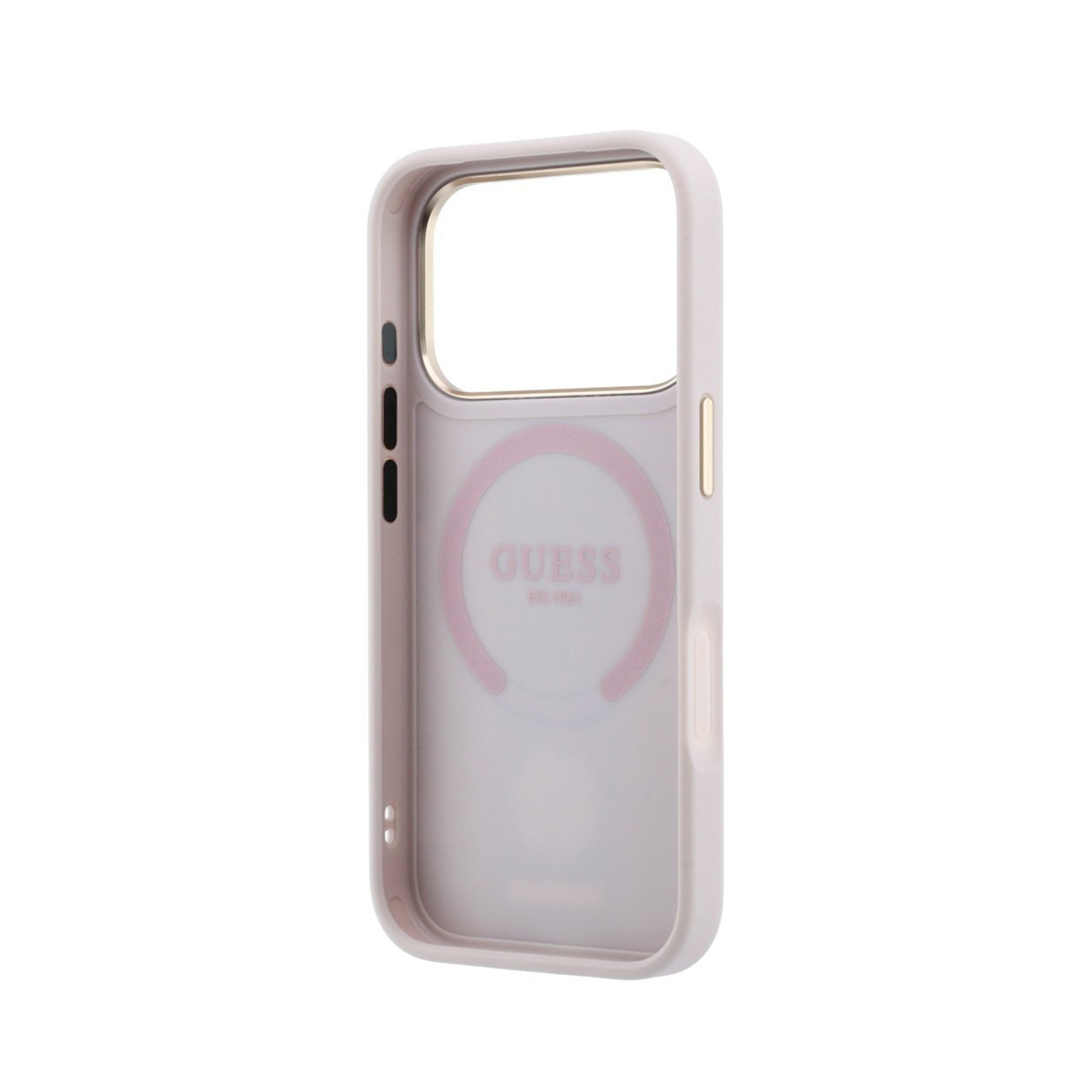 Funda de teléfono rosa con el logotipo de GUESS y un anillo magnético redondo en la parte posterior sobre fondo blanco.