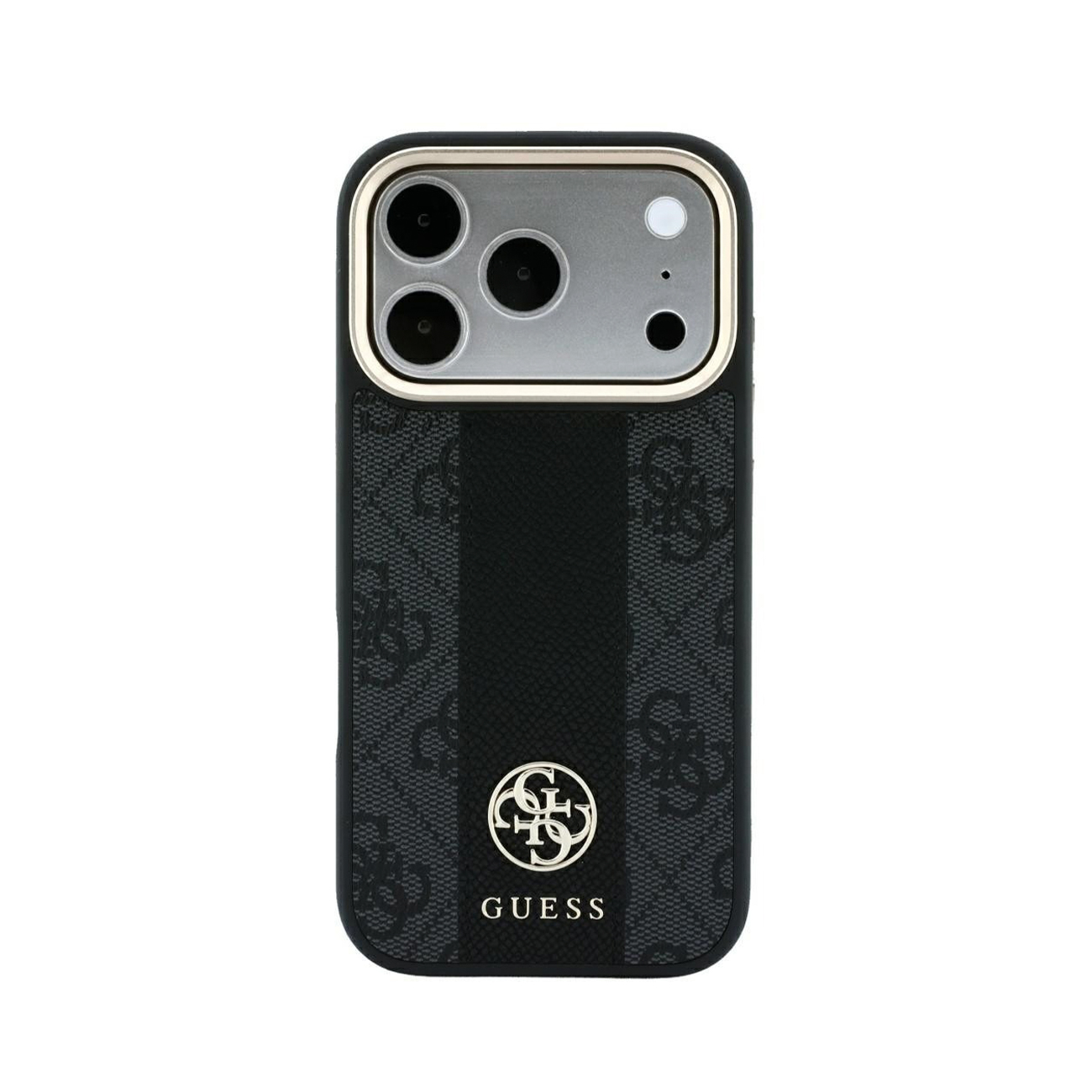 Fundá Guess negra con patrón de monograma, franja central vertical, logo dorado y módulo de cámara plateado.