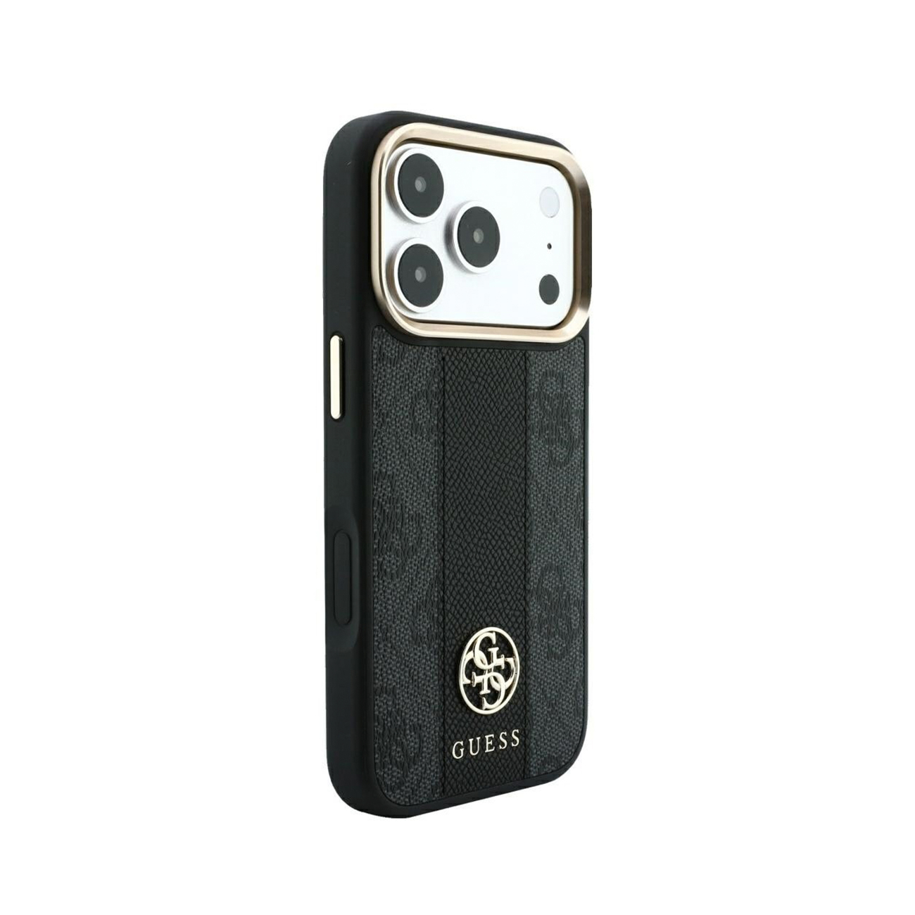 Funda protectora negra con logo de Guess y marco dorado en fondo blanco.