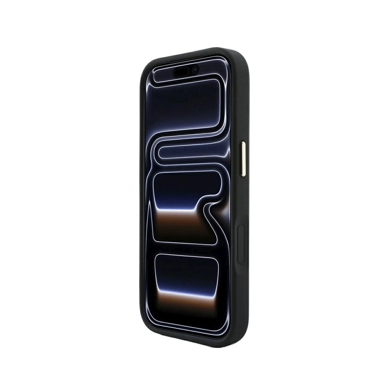 Smartphone negro en funda negra con fondo de líneas blancas abstractas sobre fondo blanco.
