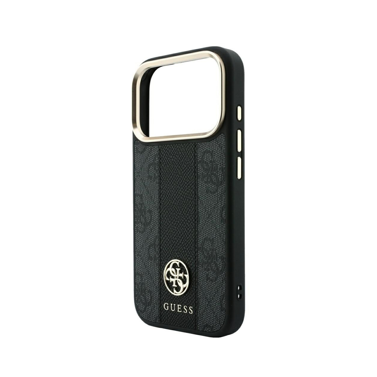 Funda de smartphone Guess negra con logotipo dorado, borde de cámara y botones sobre fondo blanco.