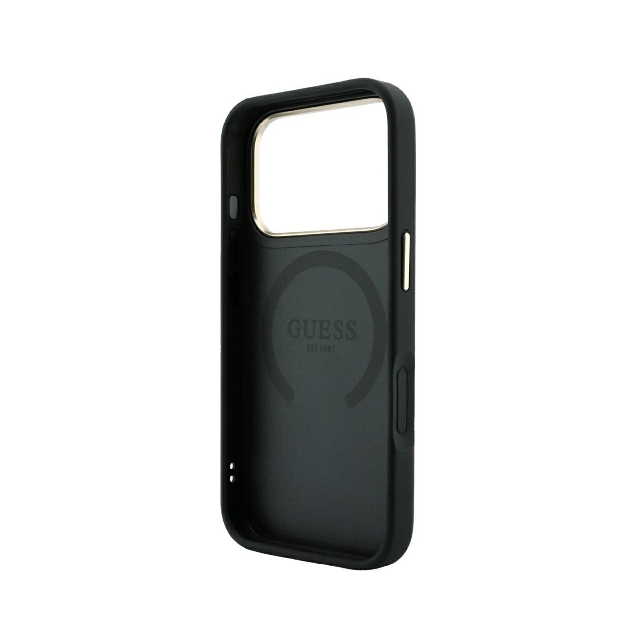 Funda de móvil Guess negra con detalles dorados y logotipo de la marca dentro, fondo blanco.