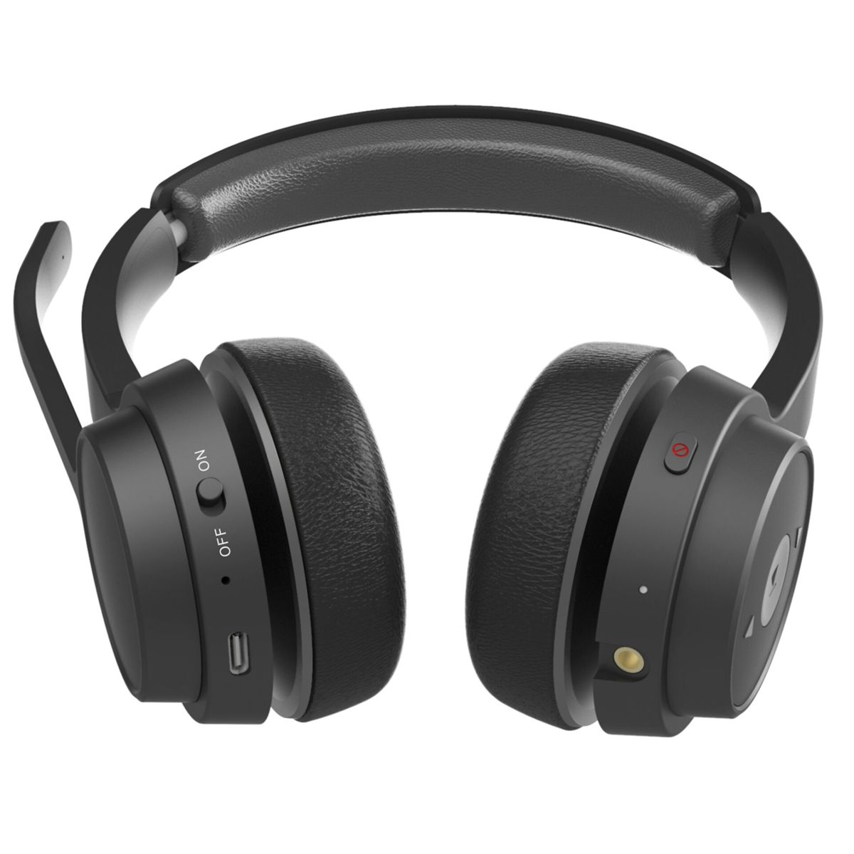 Cuffie over-ear nere con archetto imbottito, cuscinetti auricolari e microfono integrato su sfondo bianco.