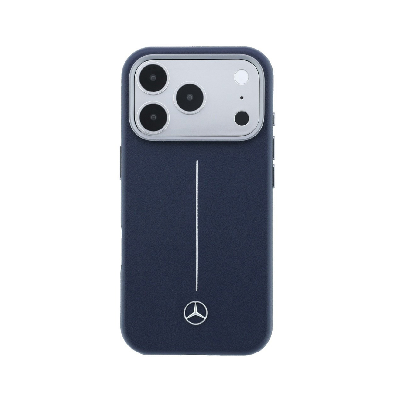 Fundazo azul para smartphone con recorte de cámara plateado, línea vertical y logo de Mercedes.