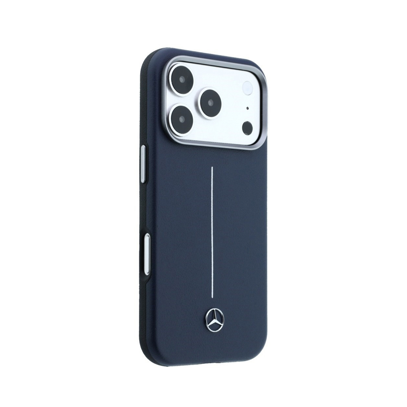 Funda de teléfono azul oscuro con recorte de cámara, línea blanca y logo de Mercedes sobre fondo blanco.