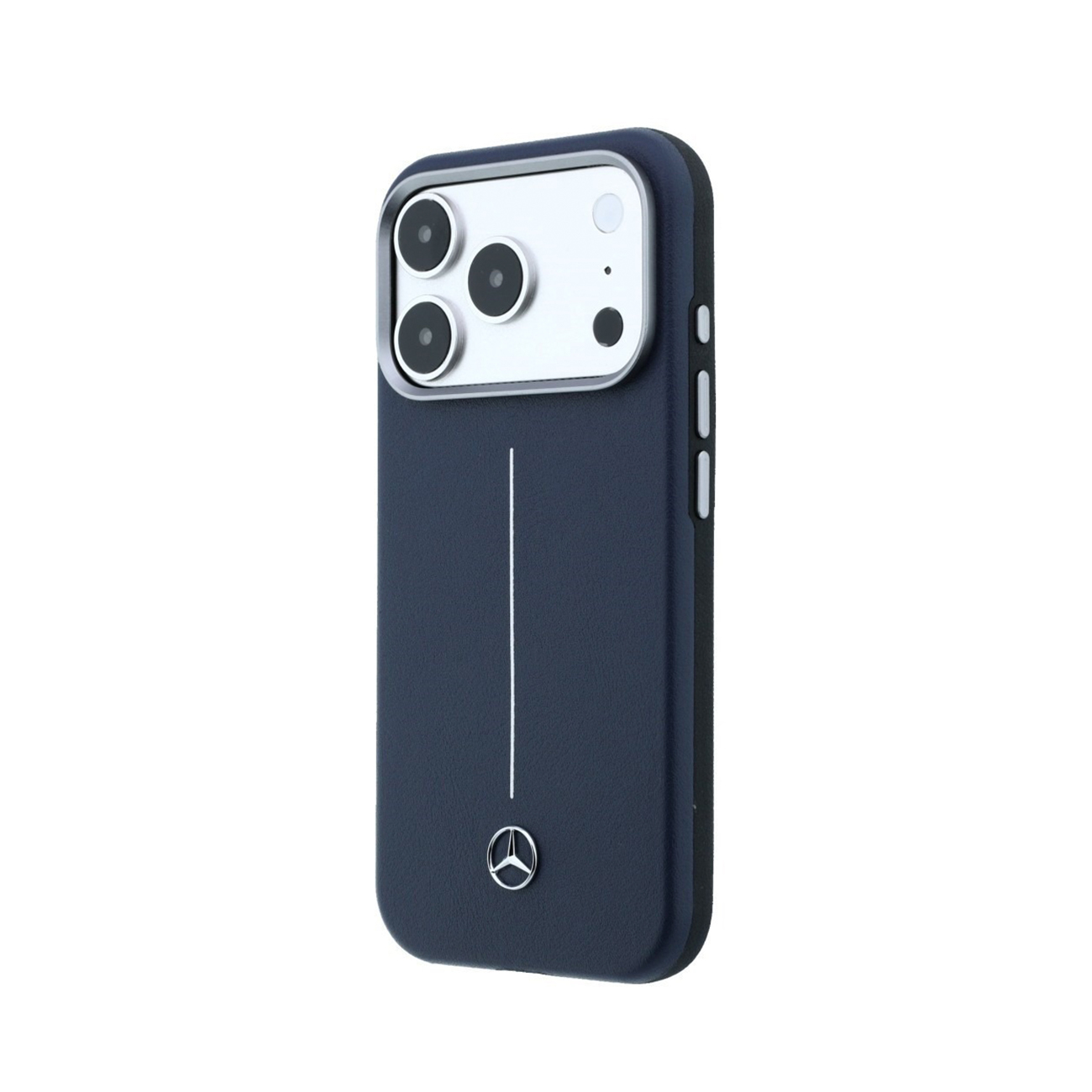 Una funda de móvil azul oscuro con logo de Mercedes plateado, línea vertical y módulo de triple cámara sobre fondo blanco.
