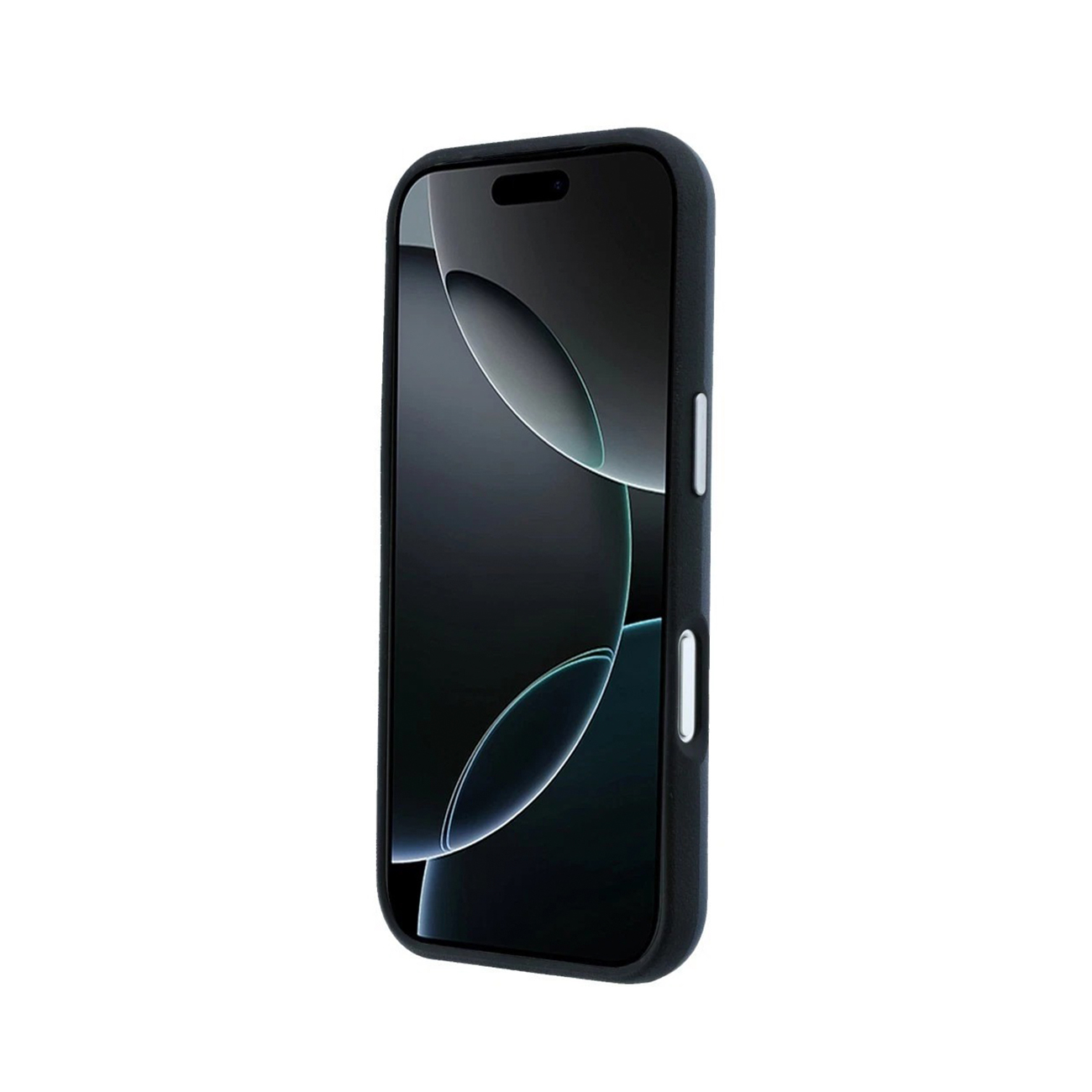 Un teléfono inteligente negro con funda, botones laterales y fondo de pantalla abstracto sobre un fondo blanco.