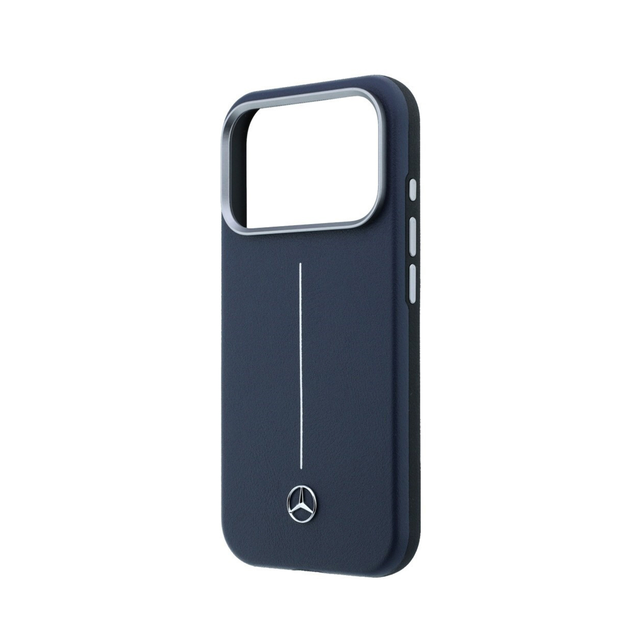 Una funda de piel azul para smartphone con marco de cámara plateado, raya blanca y logotipo de Mercedes.